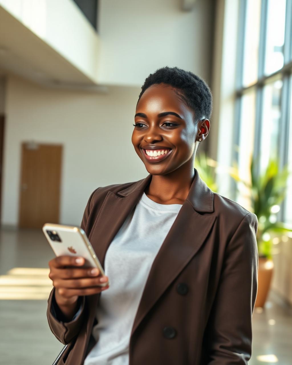 Nigerian employee smiling at her phone