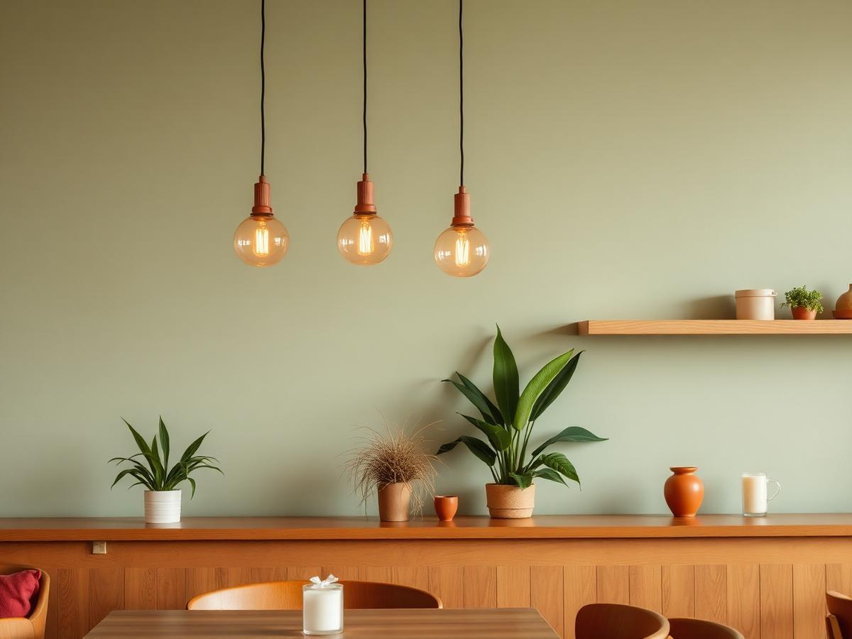 Warm restaurant interior with sage walls